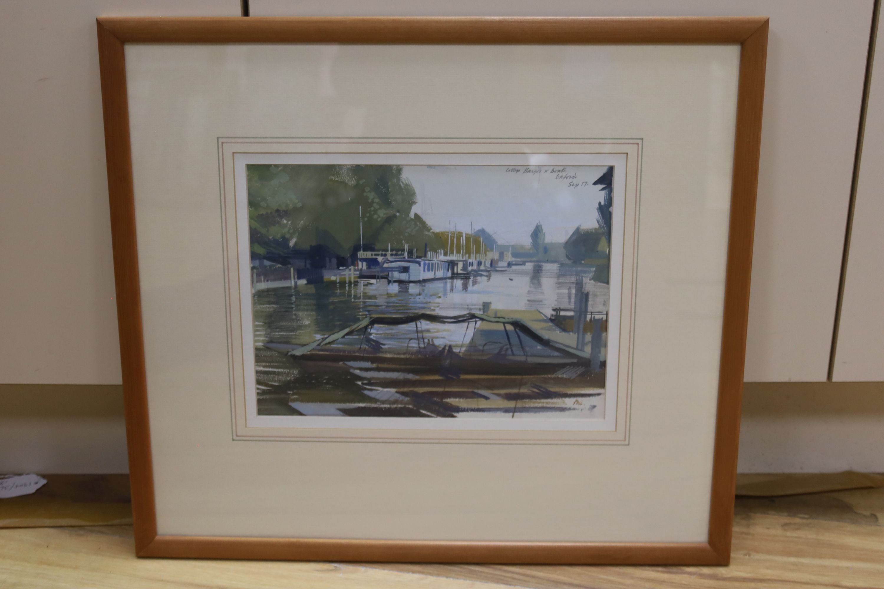 Robert Pell, watercolour and gouache, College of barges and boats October 57, inscribed verso with original Bear Lane Gallery bill of sale, 22 x 30cm